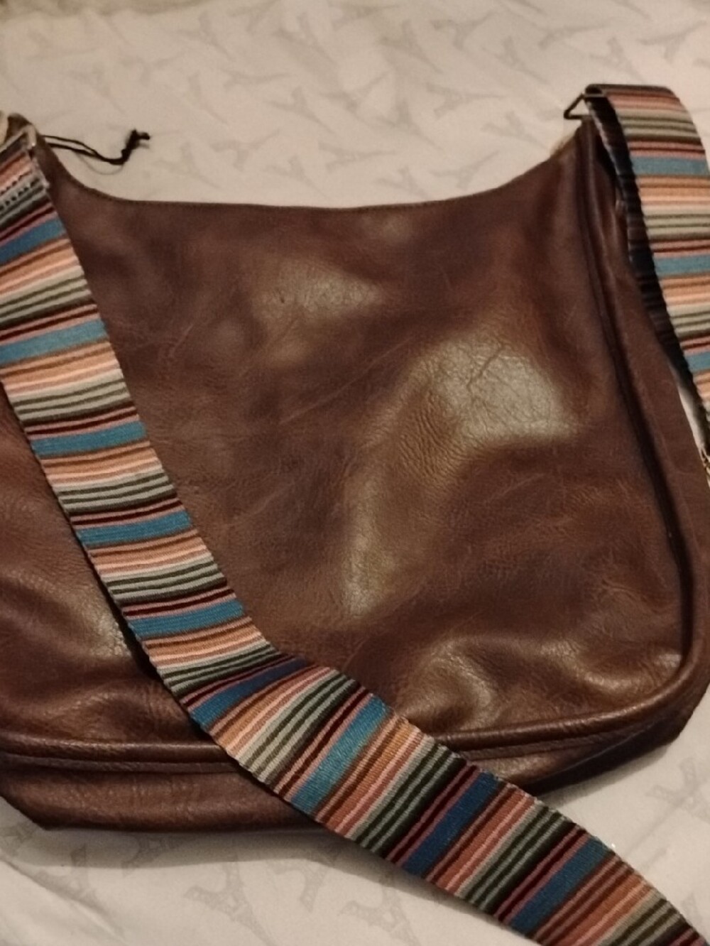 Ah Domed Vegan Brown Leather Hobo Bag with Striped Adjustable Luggage Strap - Picture 6 of 7
